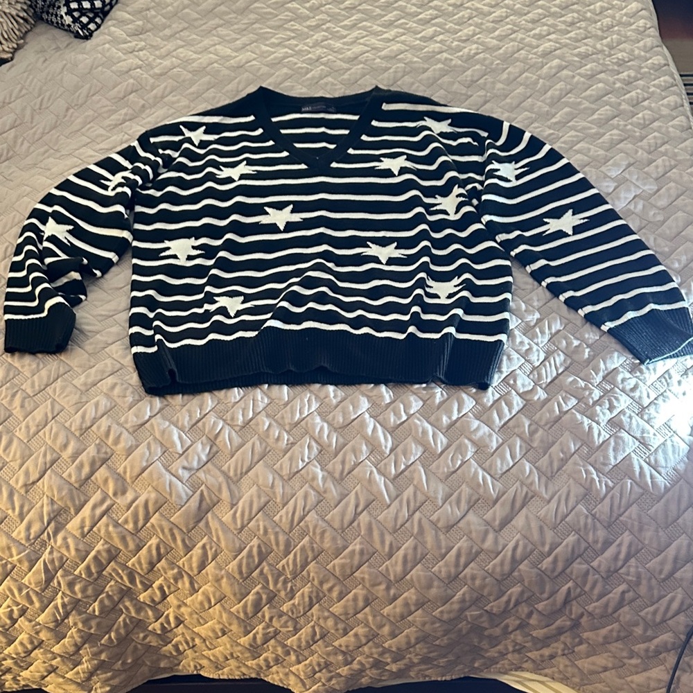 M&S Collection Star Stripe Sweater Cropped V-Neck Black White Size 16 (US 12)